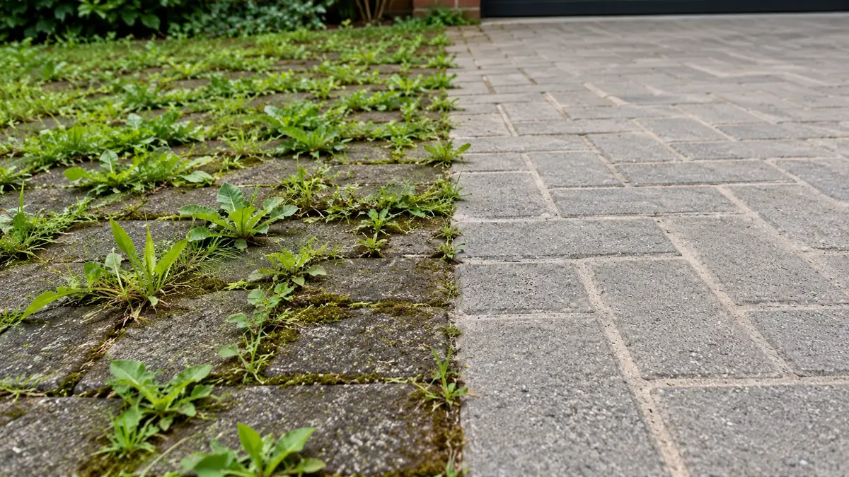 Oprit in betonklinkers: links onkruid en mos in de voegen, rechts proper met gevulde voegen