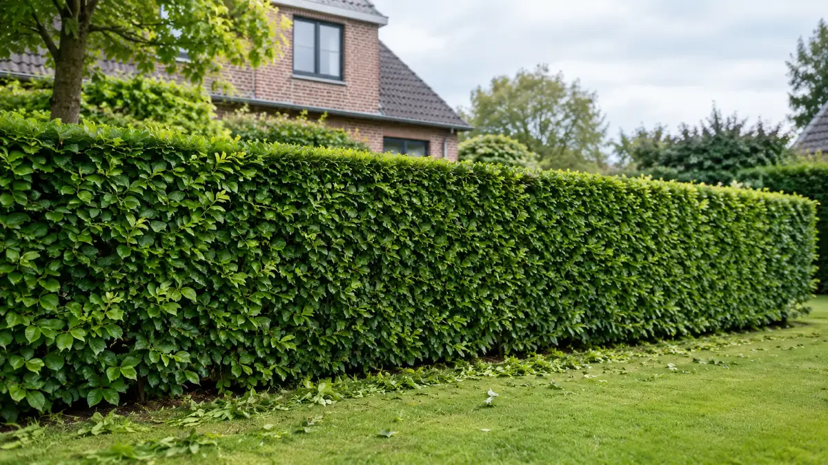 Strak gesnoeide beukenhaag in een tuin met snoeiafval op het gazon